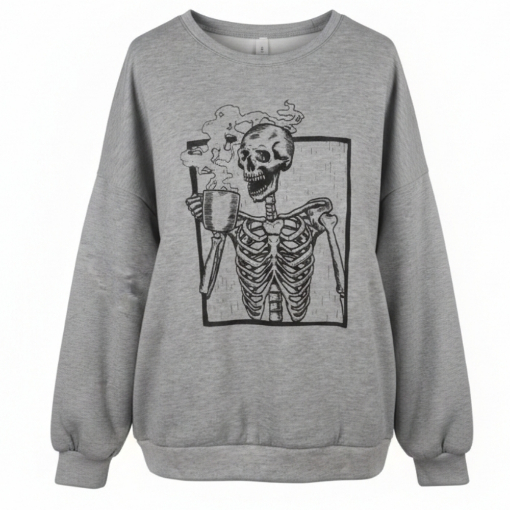 [[Chicyea]] Cozy Gray Skeleton Graphic Sweatshirt